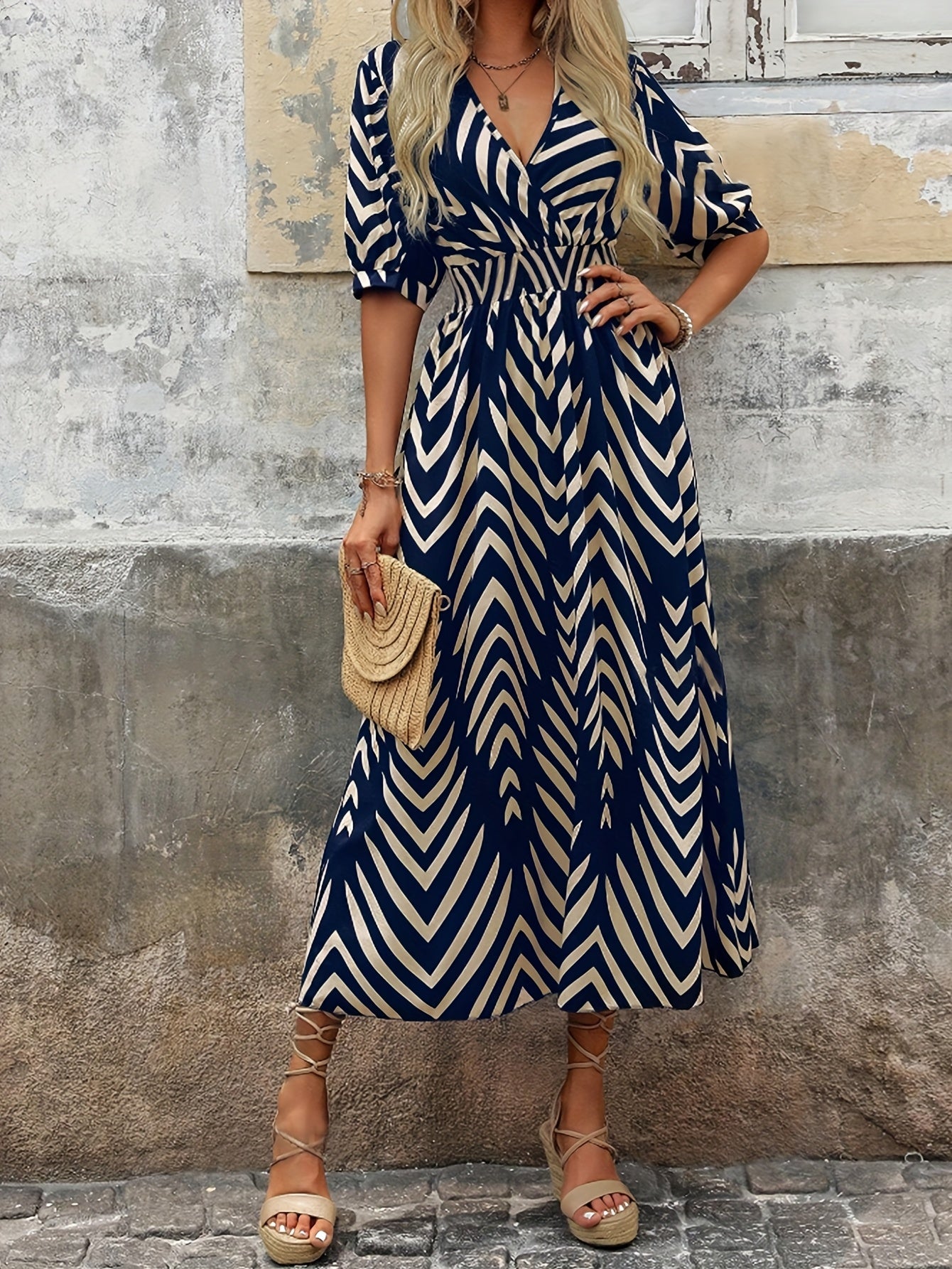 Women's Elegant Vacation V-Neck Midi Dress with Bold Blue & White Chevron Print, Tie Waist, and Half Sleeves - Perfect for Spring/Summer Getaways, Casual Elegance | Aline Silhouette | Stylish Coverup, Vacation Dress